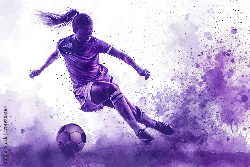 Soccer player in action, woman purple watercolor with copy space