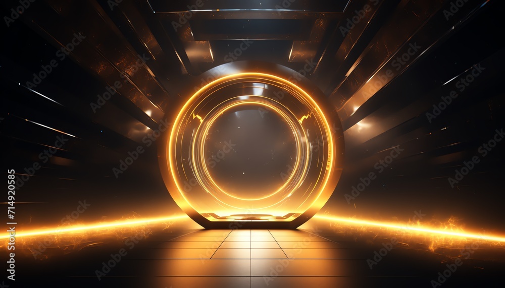 Futuristic circular glowing portal in a dark corridor with reflective floor and dynamic lighting effects. - obrazy, fototapety, plakaty 