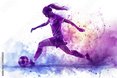 Soccer player in action, woman purple watercolor with copy space