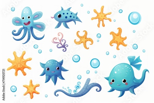  Sea animals  doodle cartoon set with hand drawn sea life elements  illustration. 