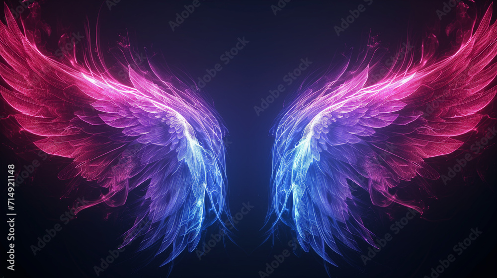 abstract neon angel wings illuminated by pink and blue lights on black background, Ai generated image - obrazy, fototapety, plakaty 