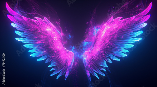 abstract neon angel wings illuminated by pink and blue lights on black background, Ai generated image photo