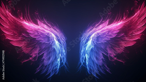 abstract neon angel wings illuminated by pink and blue lights on black background, Ai generated image photo