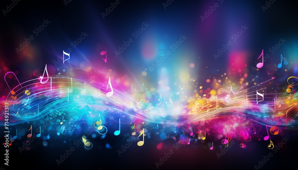 Colorful abstract music background with vibrant musical notes and dynamic waves on a dark backdrop. - obrazy, fototapety, plakaty 