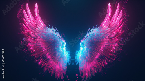 abstract neon angel wings illuminated by pink and blue lights on black background, Ai generated image © Trendy Image Two