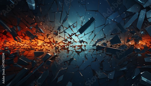 3D illustration of shattering glass with dynamic fragments and explosive motion on a dark background.