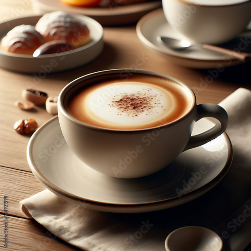 Cappuccino Delight: Close-Up View of a Steaming Cup on the Table with Copy Space