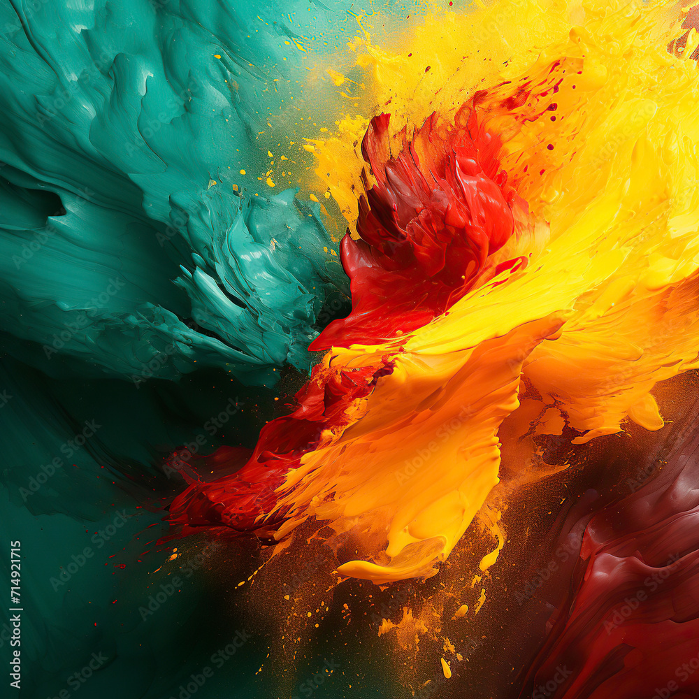 Explosion of red, yellow, and teal acrylic paint swirls.