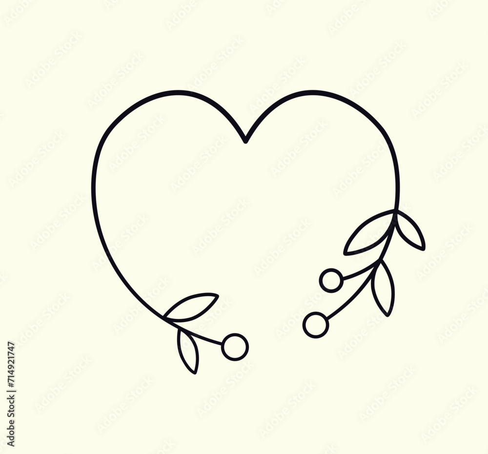 Simple linear frame in the shape of a heart. Wreath - a heart with small botany, cute berries, leaves. Botanical frame in minimalist line art style. Graphic design element, vector illustration. Simple linear frame in the shape of a heart. Wreath - a heart with small botany, cute berries, leaves. Botanical frame in minimalist line art style. Graphic design element, vector illustration.