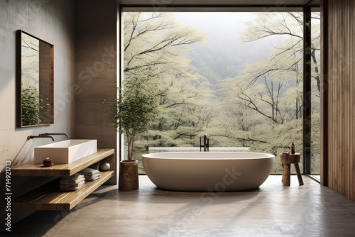 A serene Japandi bathroom featuring wooden tones, a freestanding bathtub, and a large window, blending modern elegance with farmhouse charm. © Mongkol