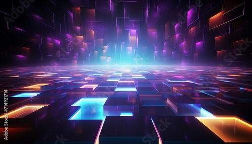 Futuristic digital 3D grid landscape with neon lights and glowing cubes, abstract cyber space background.