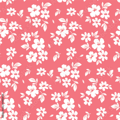 Seamless floral pattern, liberty ditsy print in a romantic sketch motif. Cute botanical design in spirit colors: small hand drawn flowers, tiny leaves, simple bouquets on pink. Vector illustration.