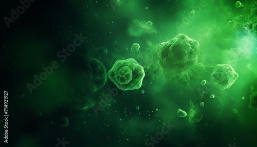 Abstract green viral cells on a dark background, depicting microscopic bacteria or virus, suitable for medical and scientific themes.