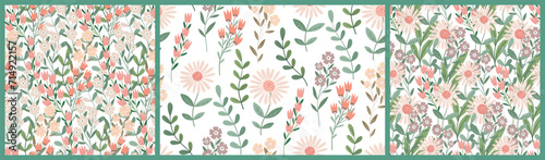 Seamless floral pattern, cute ditsy print of large chamomile flowers in the collection. Botanical design in pastel colors: simple hand drawn flowers, leaves on a white background. Vector illustration.