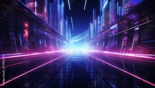 Futuristic cityscape with neon lights and cyberpunk aesthetics, depicting a vibrant urban night scene.
