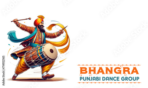 Cultural Celebration: Punjabi Folk Dance Illustration, Energetic Punjabi Bhangra Dance: Dancer with Dhol, Vibrant Punjabi Cultural Dance, Punjabi Cultural Celebration Art photo