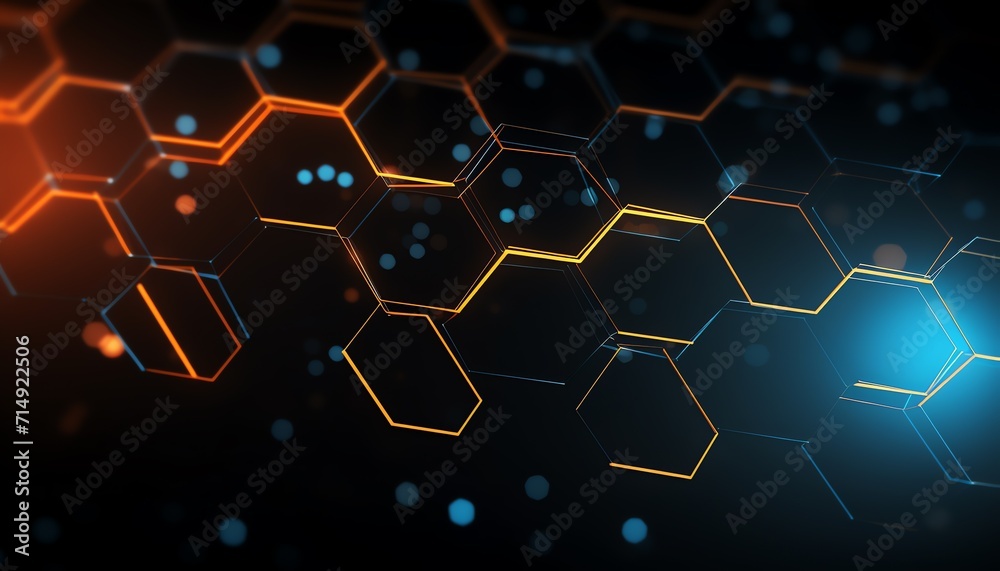 Abstract digital background with glowing hexagonal shapes on a dark backdrop, symbolizing futuristic technology or scientific concepts.