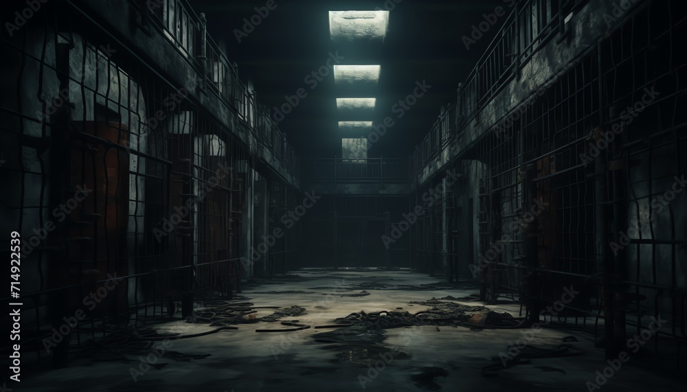 Dimly lit abandoned prison hallway with cell doors and scattered debris, evoking a sense of mystery and desolation.