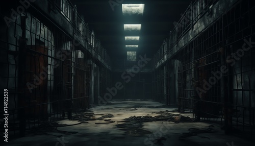 Dimly lit abandoned prison hallway with cell doors and scattered debris  evoking a sense of mystery and desolation.