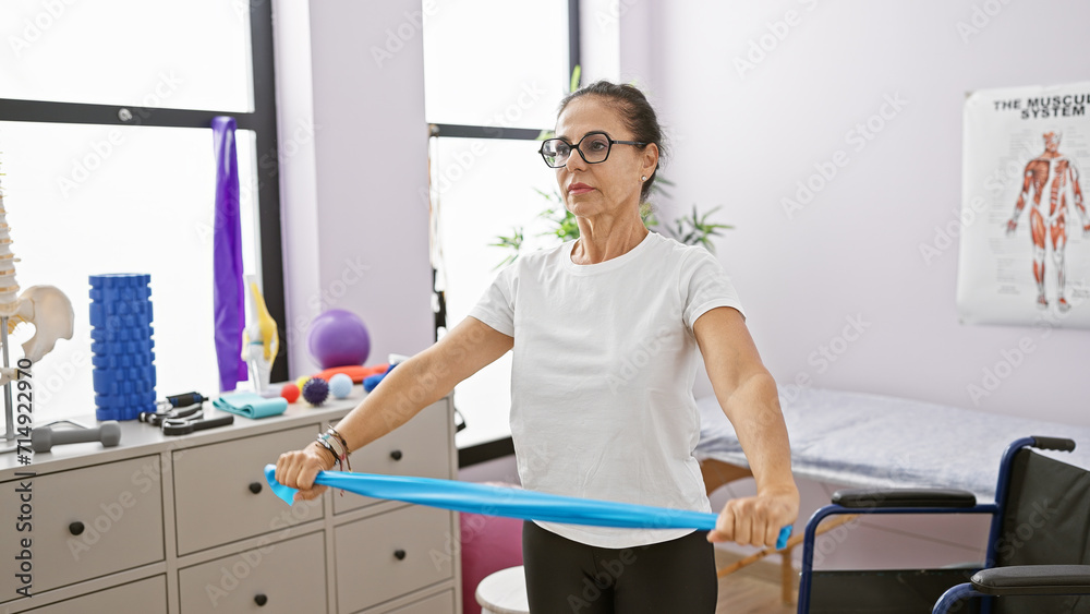 Mature hispanic woman exercises with a blue band in a well-equipped rehabilitation clinic. - obrazy, fototapety, plakaty 