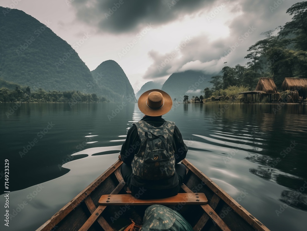 Man in a boat on the lake with mountain background,