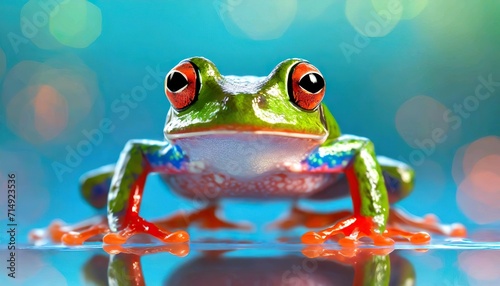 A colorful frog looks straight at the camera. blue background © ngoc