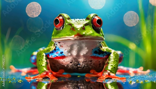A colorful frog looks straight at the camera. blue background