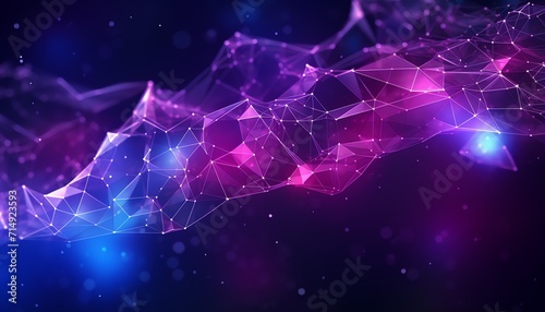 Abstract digital network connection with geometric shapes on a blue and purple background.