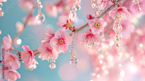 A close-up of delicate Martisor trinkets hanging from a blossoming cherry branch, each tiny symbol of spring adorned with intricate details. The soft pastel hues of the flowers and