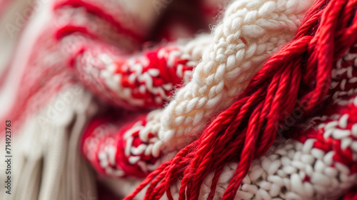 A close-up of a Martisor pinned to a cozy winter scarf, the red and white threads gently swaying in the breeze. The contrast against the fabric highlights the cultural significance photo