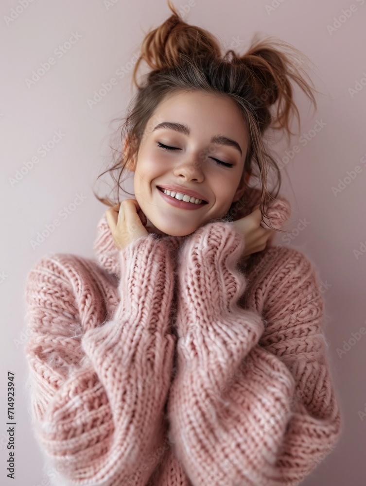 Self-care concept. Image of beautiful happy woman embraces herself with confidence, closes eyes in pleasure, adores her new cozy blush sweater, tilts head, stands indoors. Self-care concept. Image of beautiful happy woman embraces herself with confidence, closes eyes in pleasure, adores her new cozy blush sweater, tilts head, stands indoors.