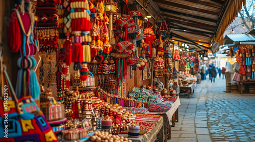 A traditional Martisor bazaar, where vendors showcase an array of handcrafted Martisor creations. The vibrant colors and varied designs on display create a visually enchanting scen