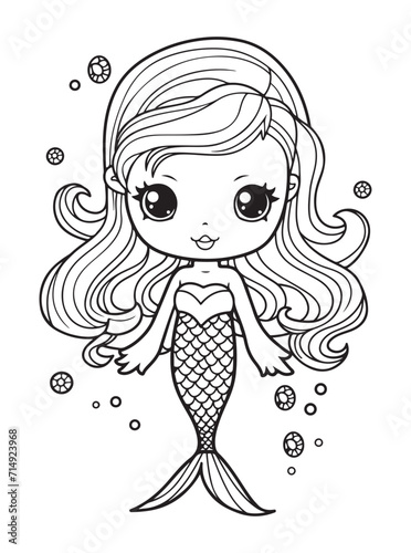 Happy little mermaid girl, vector doodle illustration. Coloring page for kids