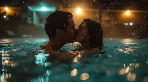 kissing couple in swimming pool, ai
