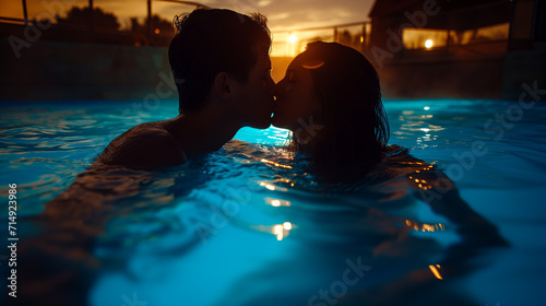 kissing couple in swimming pool, ai