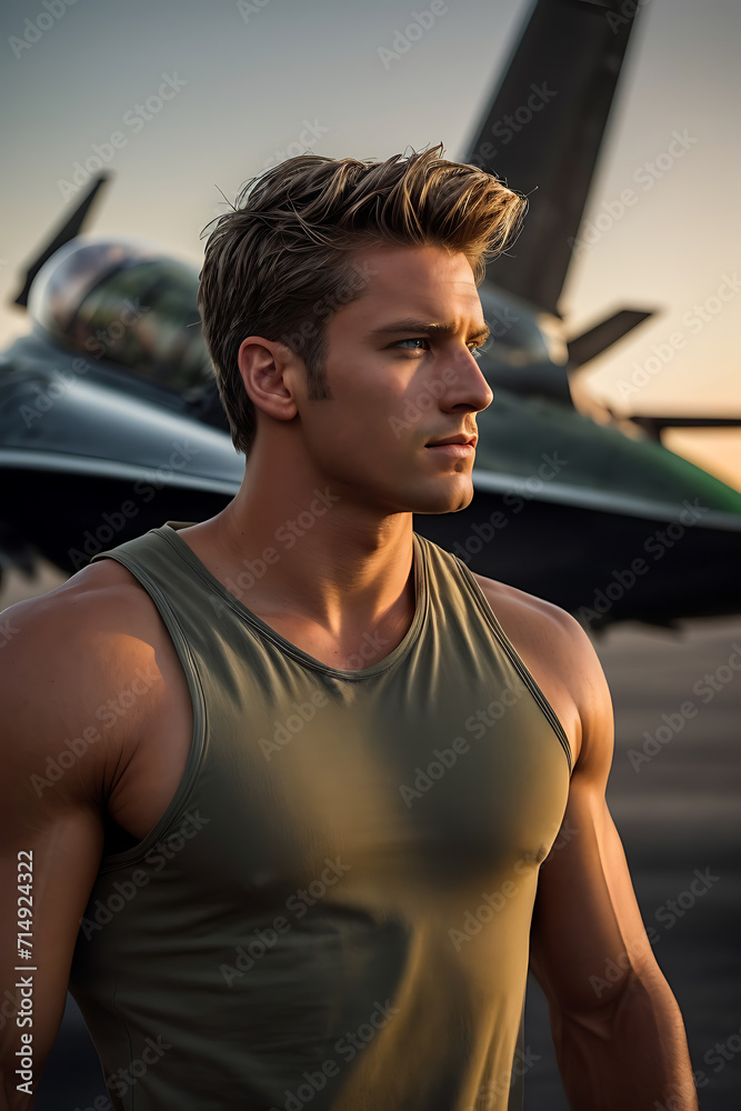 Man Standing in Front of Fighter Jet. Generative AI. Man Standing in Front of Fighter Jet. Generative AI.