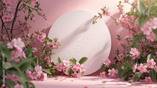 Design of podium for beauty products with blossoming flowers, ai generated 