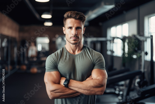 Capturing a handsome man standing confidently with arms crossed in a fitness studio, this portrait embodies strength and a commitment to a healthy lifestyle.