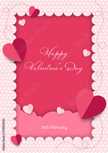 Vector illustration background, rectangular frame with white heart dots, also with pink cloud shape within the frame, theme of love or valentine