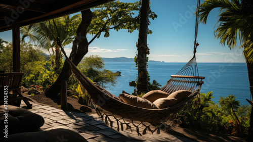 Secluded Seaside Hammock Retreat - Tropical Foliage, Ocean View, Serene Escape   Perfect for Travel, Outdoor Decor, Wellness, Summer Reading, Environmental Awareness - Ai Generated © PixelFusion Creation