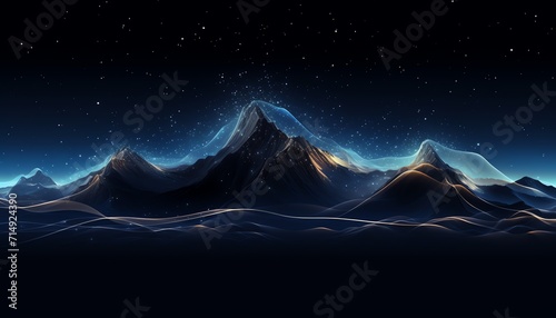 Starry night sky over illuminated mountain peaks with a mystical glow.