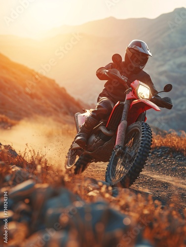 A skilled biker in complete motorcycle gear riding an enduro bike on a mountain road during sunset, with a 3D background, representing the idea of fast motorcycling as a hobby and journey.