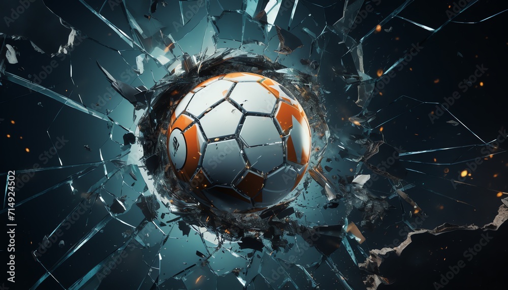 3D illustration of a soccer ball breaking through glass with dynamic shattering effect, symbolizing power and breakthrough. - obrazy, fototapety, plakaty 
