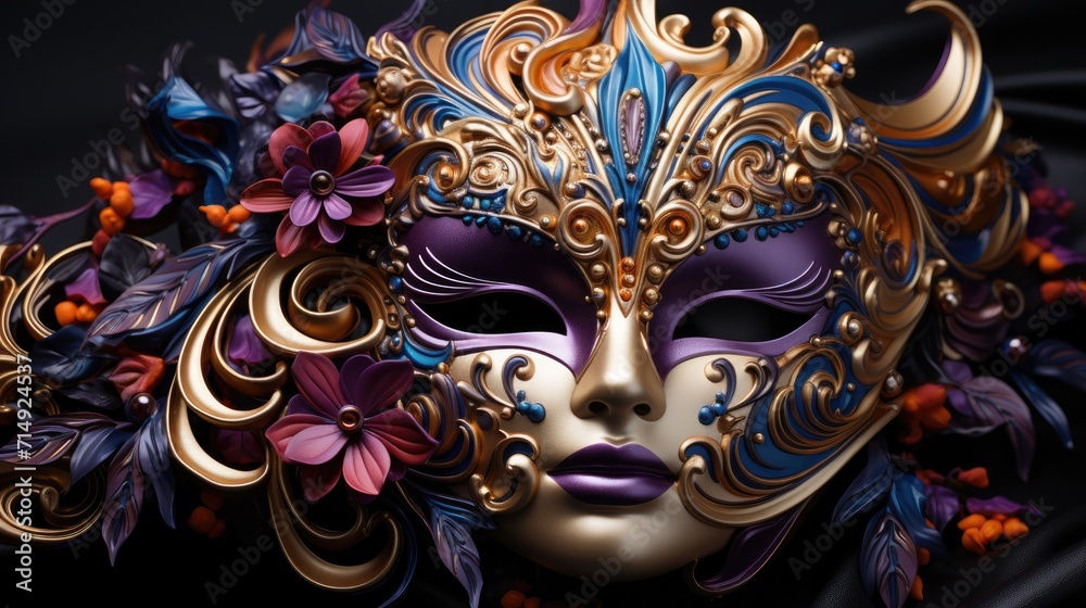 Mardi Gras carnival mask on dark purple background.