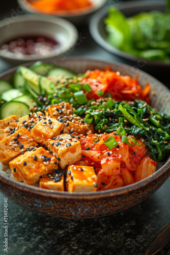 eine Schüssel gemischtes Gemüse mit Kimchi, Tofu und einer Gabel