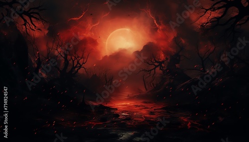 Mystical dark forest with red moon, spooky trees, and foggy path - fantasy or horror background.