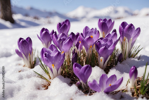 Spring landscape with the first flowers of purple crocuses on the snow in nature. © Oleksandr