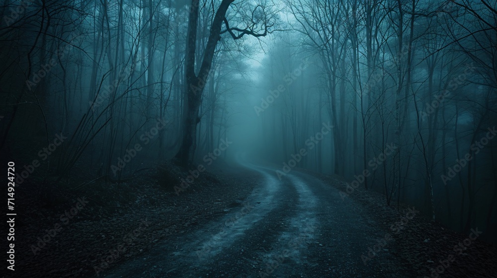 Naklejka premium Enigmatic shadowy woods. Gloomy and somber forest pathway shrouded in fog. Sinister scenery of haunted woods with eerie tree.