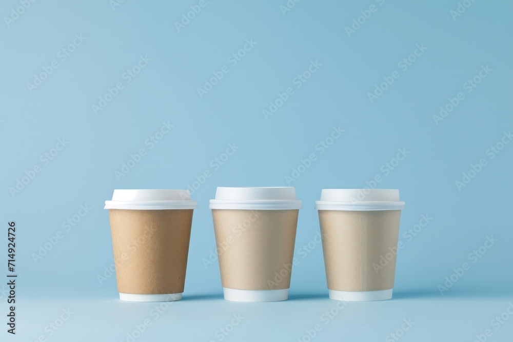 Three blank coffee cups with cardboard sleeves, neatly aligned on blue Three blank coffee cups with cardboard sleeves, neatly aligned on blue