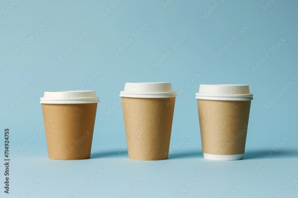 Three blank takeaway coffee cups with pastel lids on a blue surface Three blank takeaway coffee cups with pastel lids on a blue surface